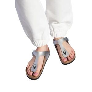 Papillio By Birkenstock Gizeh Metallic Silver Leather Slip-On Thong Sandals